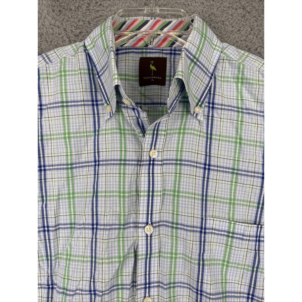 Tailorbyrd Shirt Mens XL L/S Green Blue Check Cotton Logo Flip Cuff Button Up